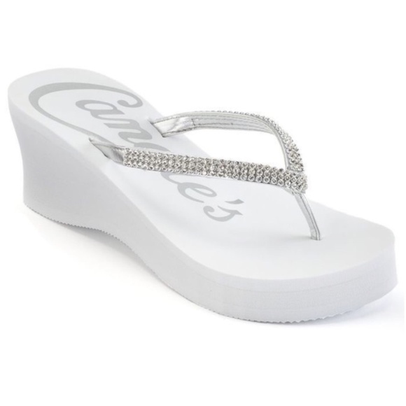 Candie's Shoes | Candies White Rhinestone Thong Wedge Sandals Nwt ...